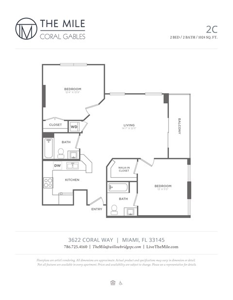 Floor plan for 2 beds, 2 baths, 1024 sqft
